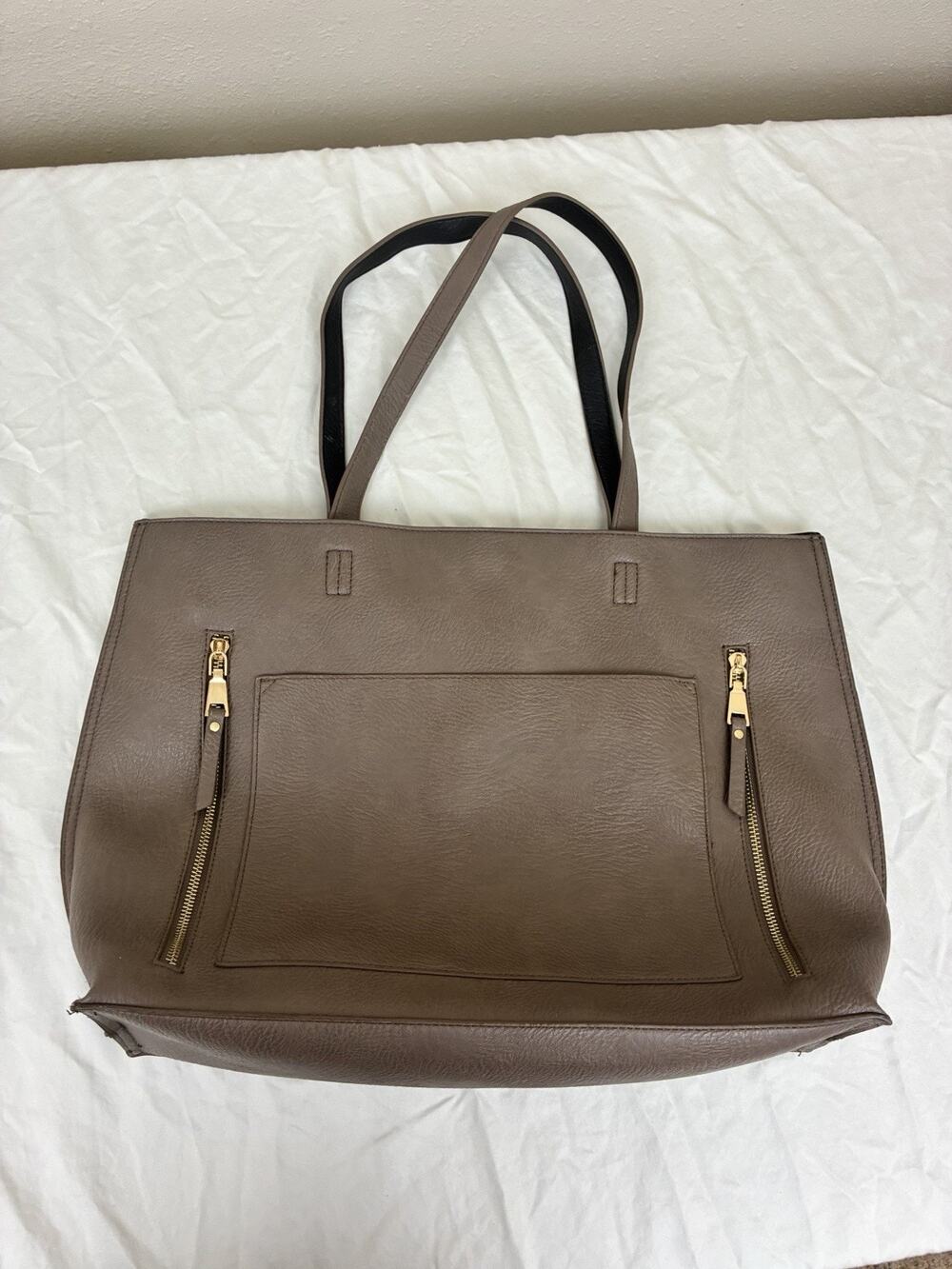 Miztique Taupe Pebbled Tote Bag Zip Gold Hardware Double Handles Outer Pocket